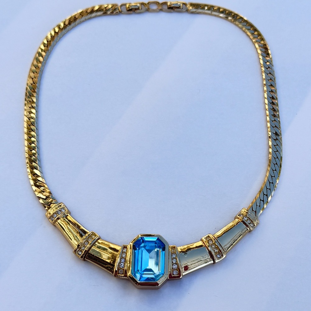 CHRISTIAN DIOR Vintage Gold Faux Aquamarine Blue Crystal Necklace